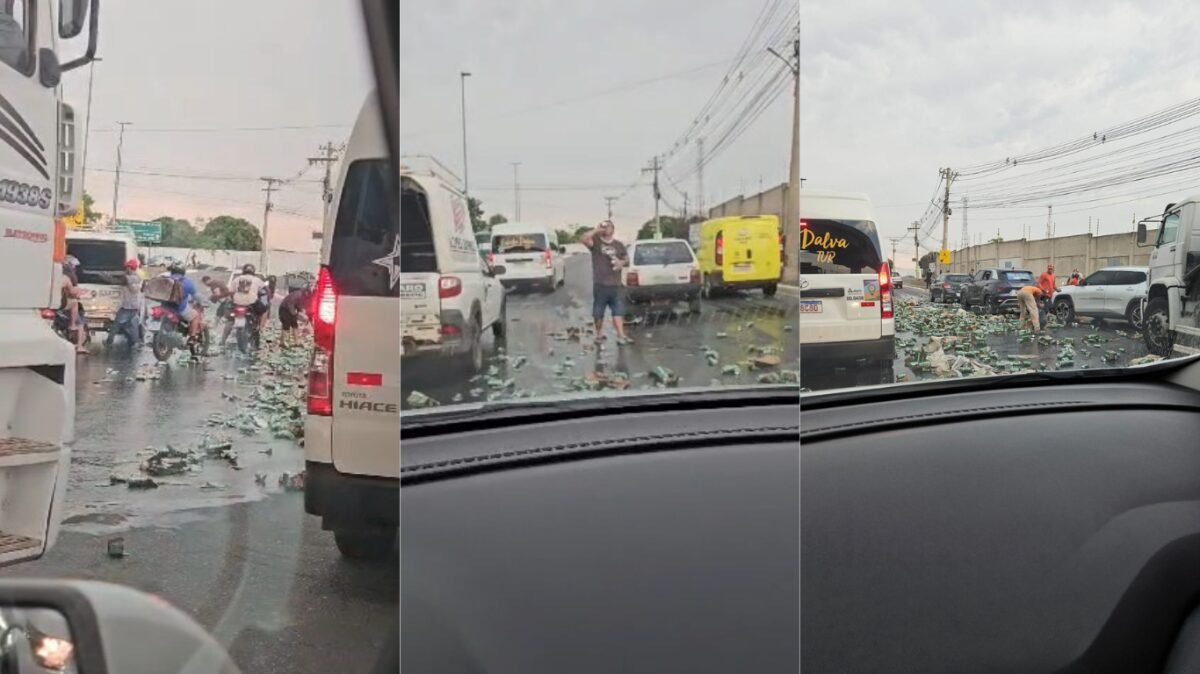 Carga de cerveja cai de caminhão e vira alvo de saque em Cuiabá